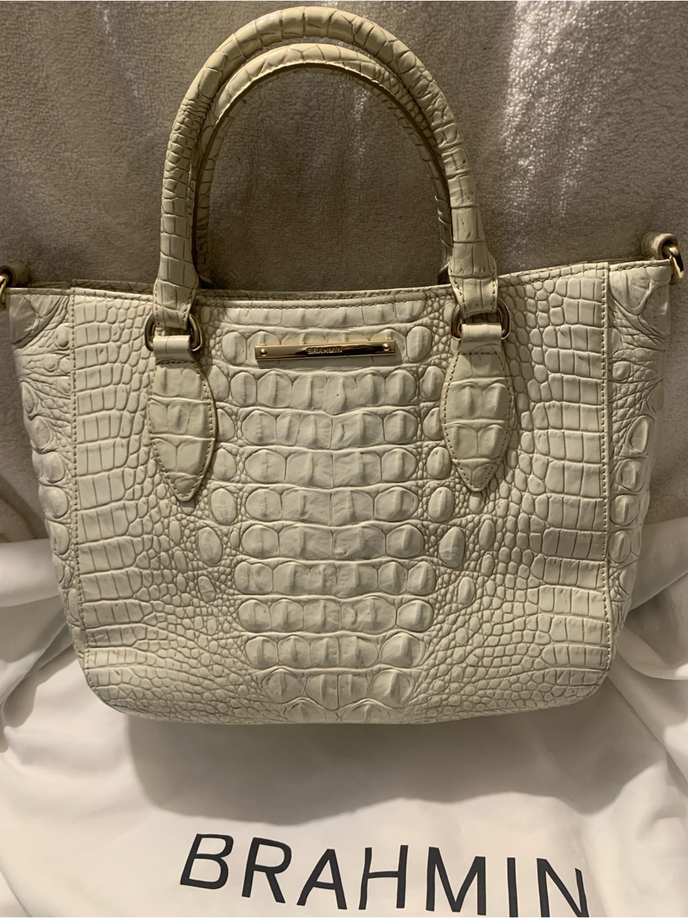 Brahmin White Croc-Embossed Satchel Handbag with Gold Hardware
